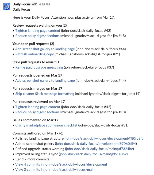Daily Focus Slack direct message showing the daily summary