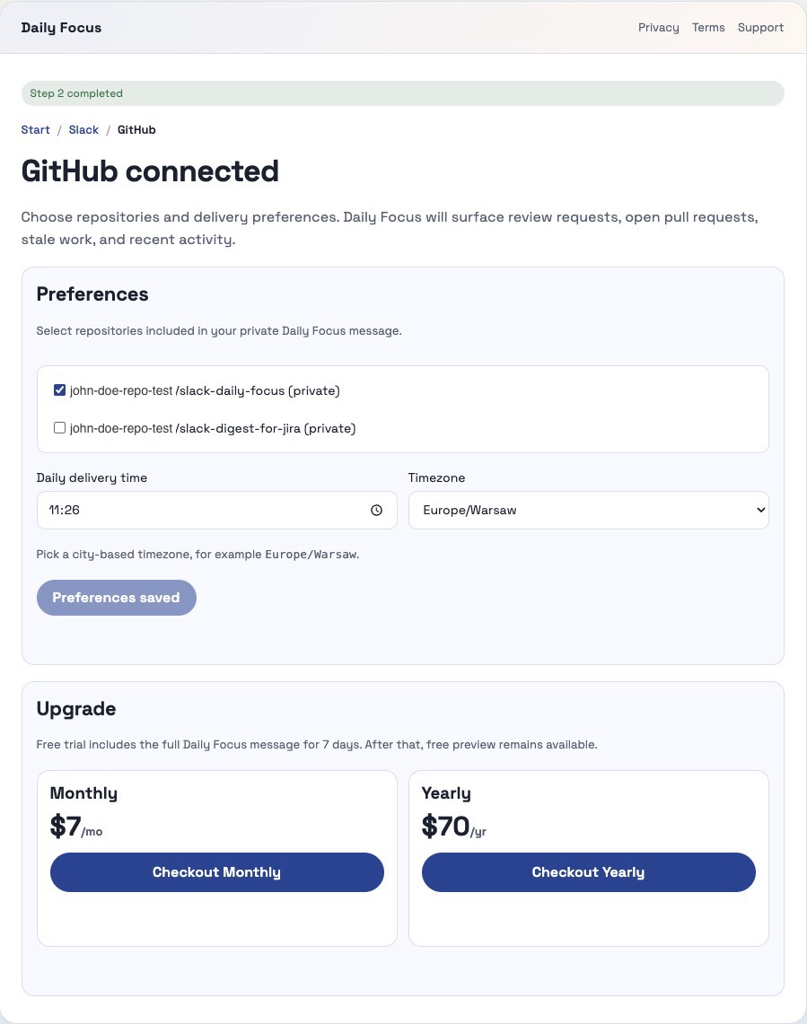 Daily Focus setup page with repository selection, delivery preferences, and billing section